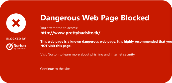 Bild av Safe Web och farlig webbsida som blockerats.